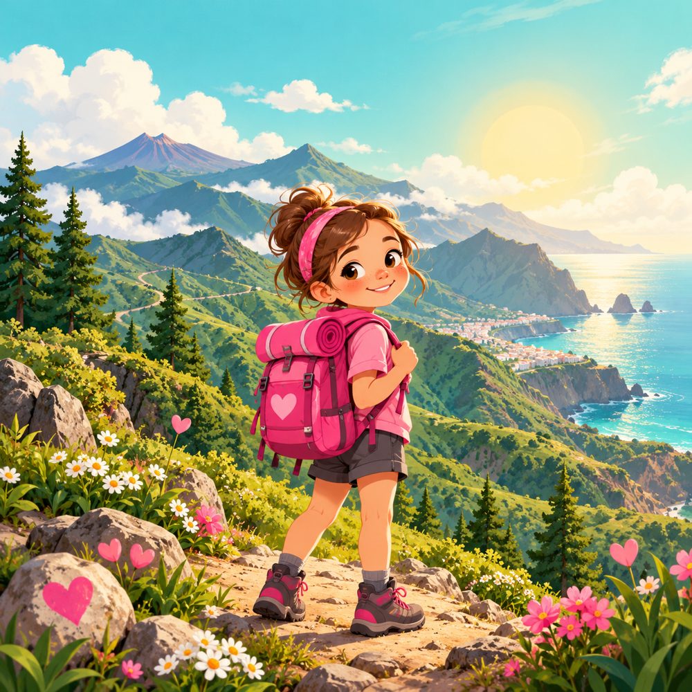 Alison exploradora con mochila rosa en un sendero de montaña junto al mar